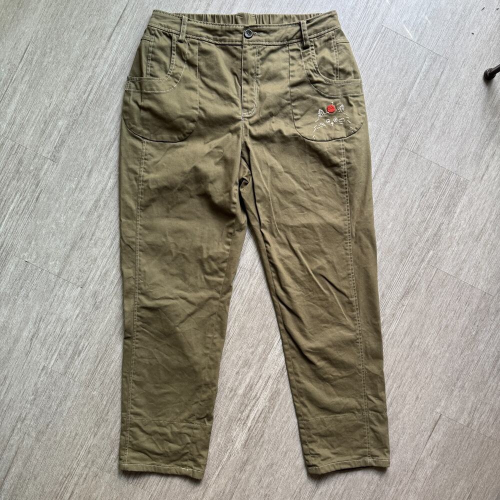 A La Sha Womens City Pants Embroidered Logo Stretch Waist Green M 28x26